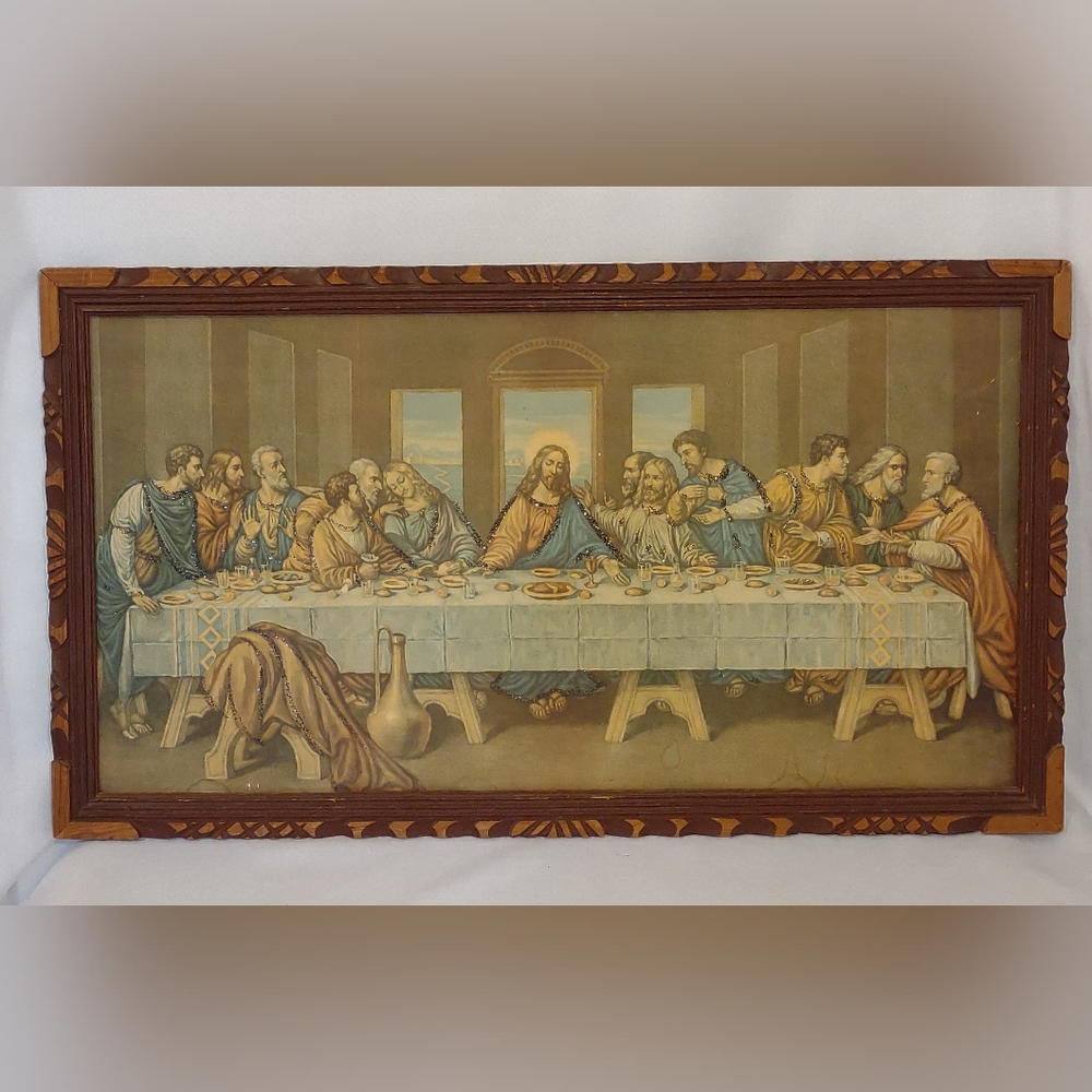 Vintage 1960's Last Supper Print with Glitter In Carved Wood Frame 18.5" x 32.5"